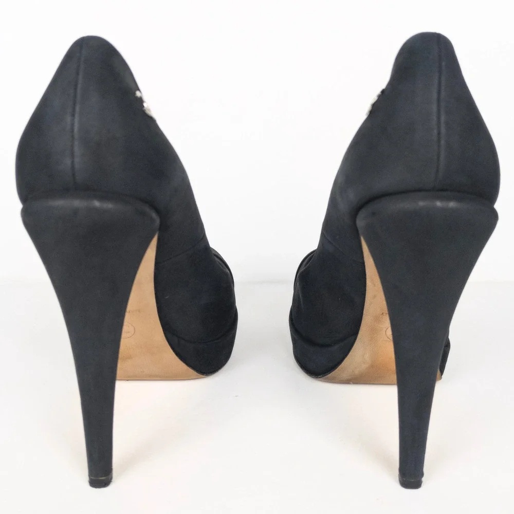 CHANEL Black Calfskin Leather Cap Toe CC Platform Pumps Women's FR 39.5 US 8.5